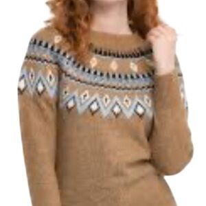 Rickis Fair Isle Pattern Mock Neck Sweater Camel Tan Blue Wool Blend Size L